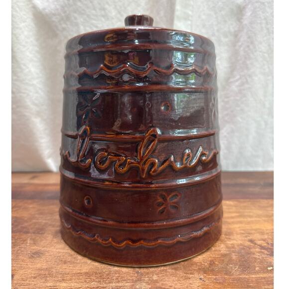 Vintage Marcrest Stoneware Cookie Jar Brown Glazed Daisy Dot Pattern Made in USA - Picture 1 of 14